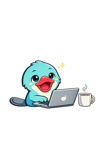A platypus at a laptop with a coffee, ready to chat